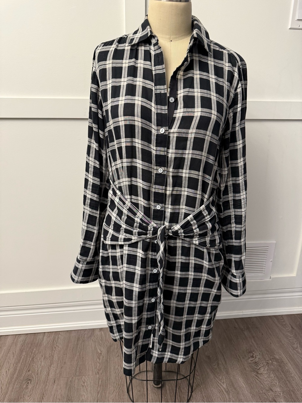 rag & bone Black and White Plaid Midi Shirt Dress